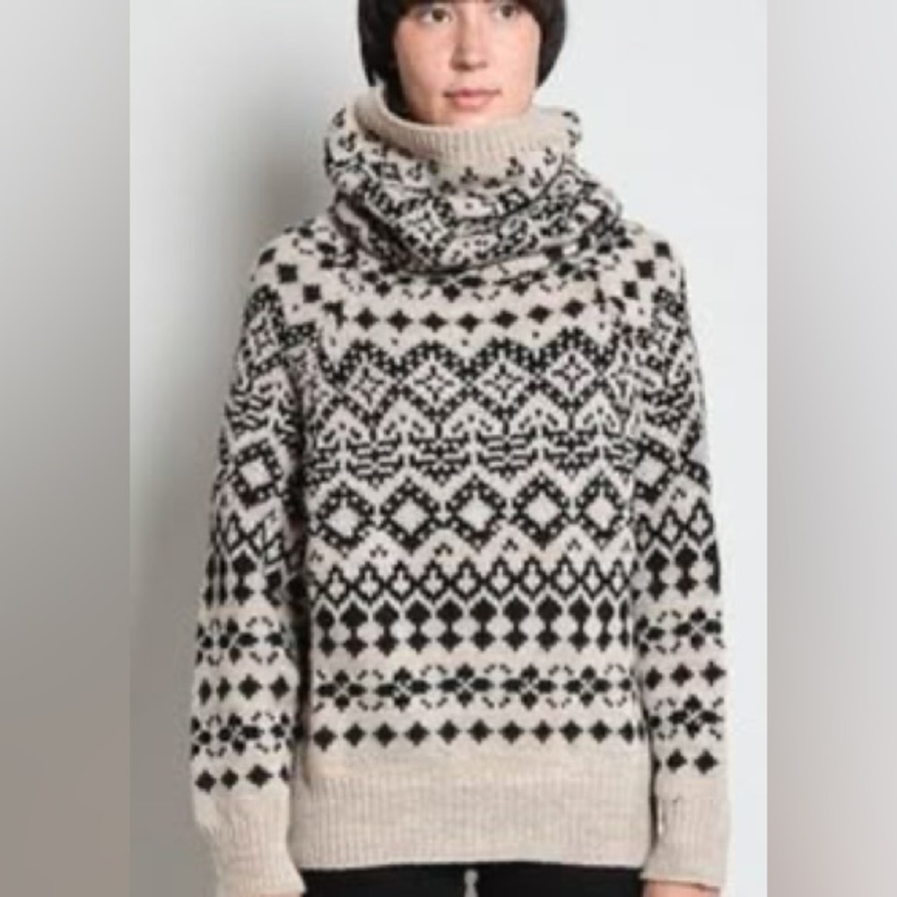 Ruff Hewn Wool Black and Cream Wool Cowl Neck Fair Isle Sweater